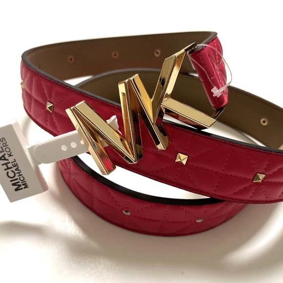 NWT Original MICHAEL KORS Quilted Studded Belt Stitched Gold Logo Pink main image 6